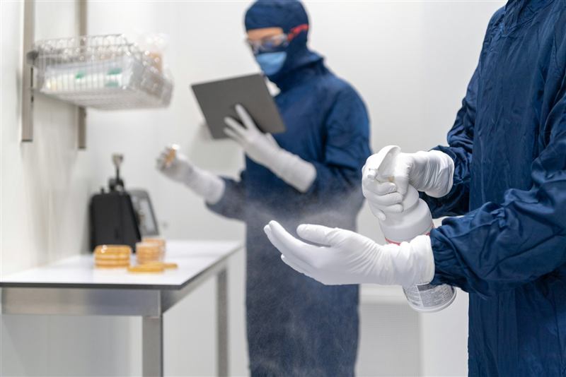 Operatori in tuta durante una sanificazione